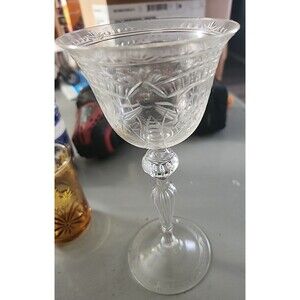 Vintage Etched Crystal Goblet Floral Cut Glass Flared Rim Elegant Stemware